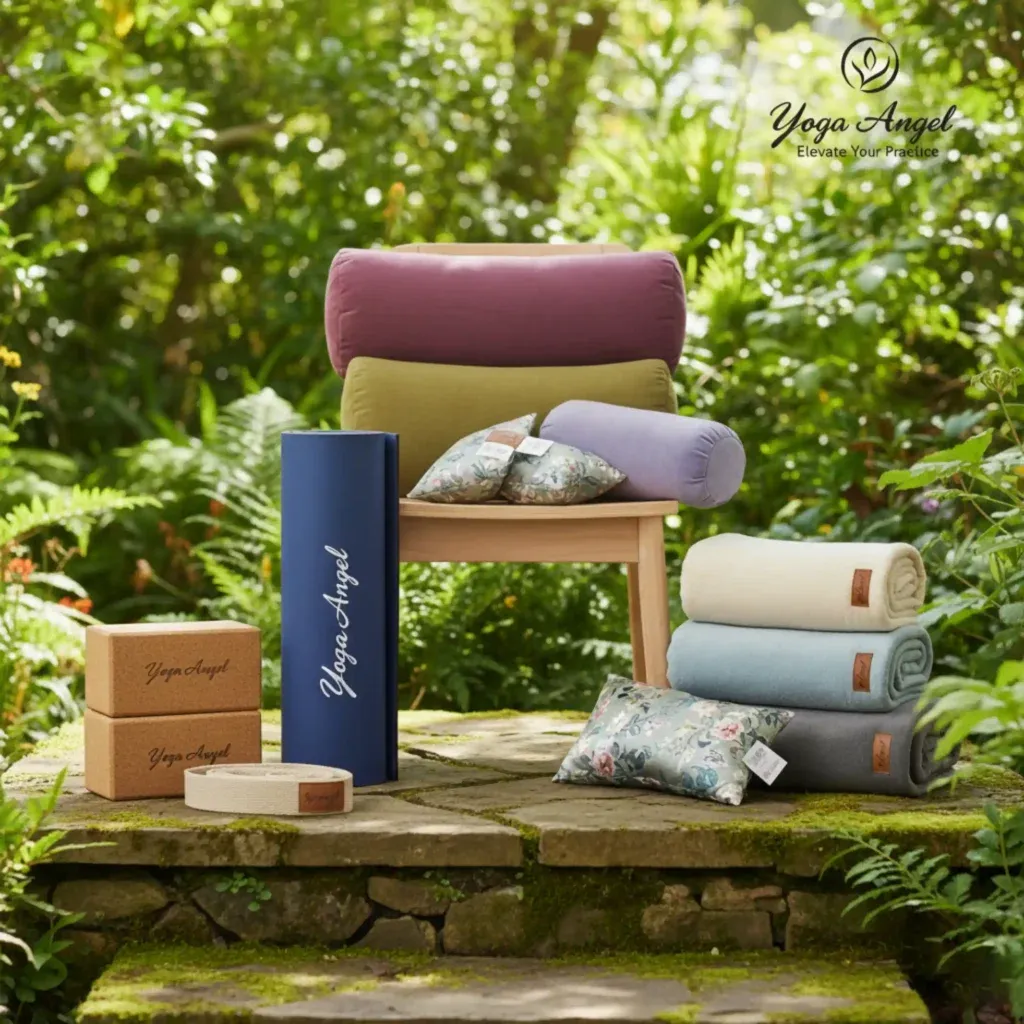Yoga Angel props in a garden: bolsters, blocks, blankets, a mat and a yoga chair