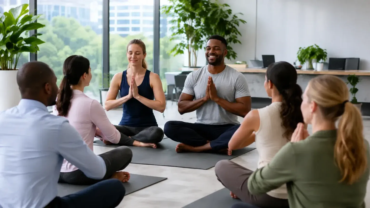 Colleagues meditating together on mats in a bright office